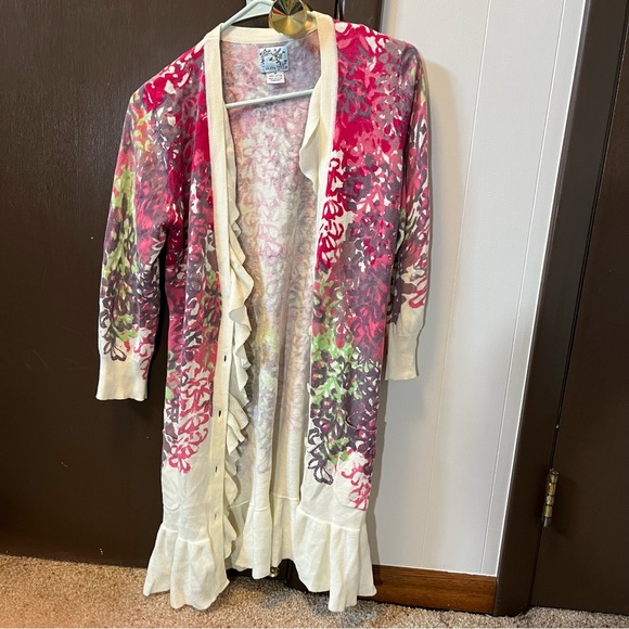 Anthropologie Tabitha Ruffle Floral Cardigan Spring Pink White Pockets Y2K M - Picture 8 of 9